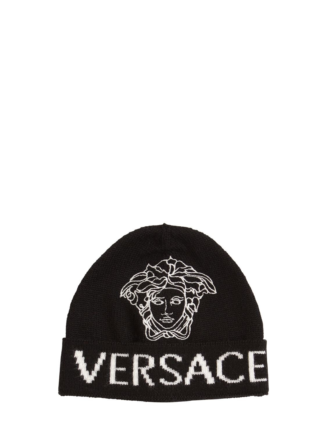 Versace Babies' Logo Wool Jacquard Knit Beanie In Black