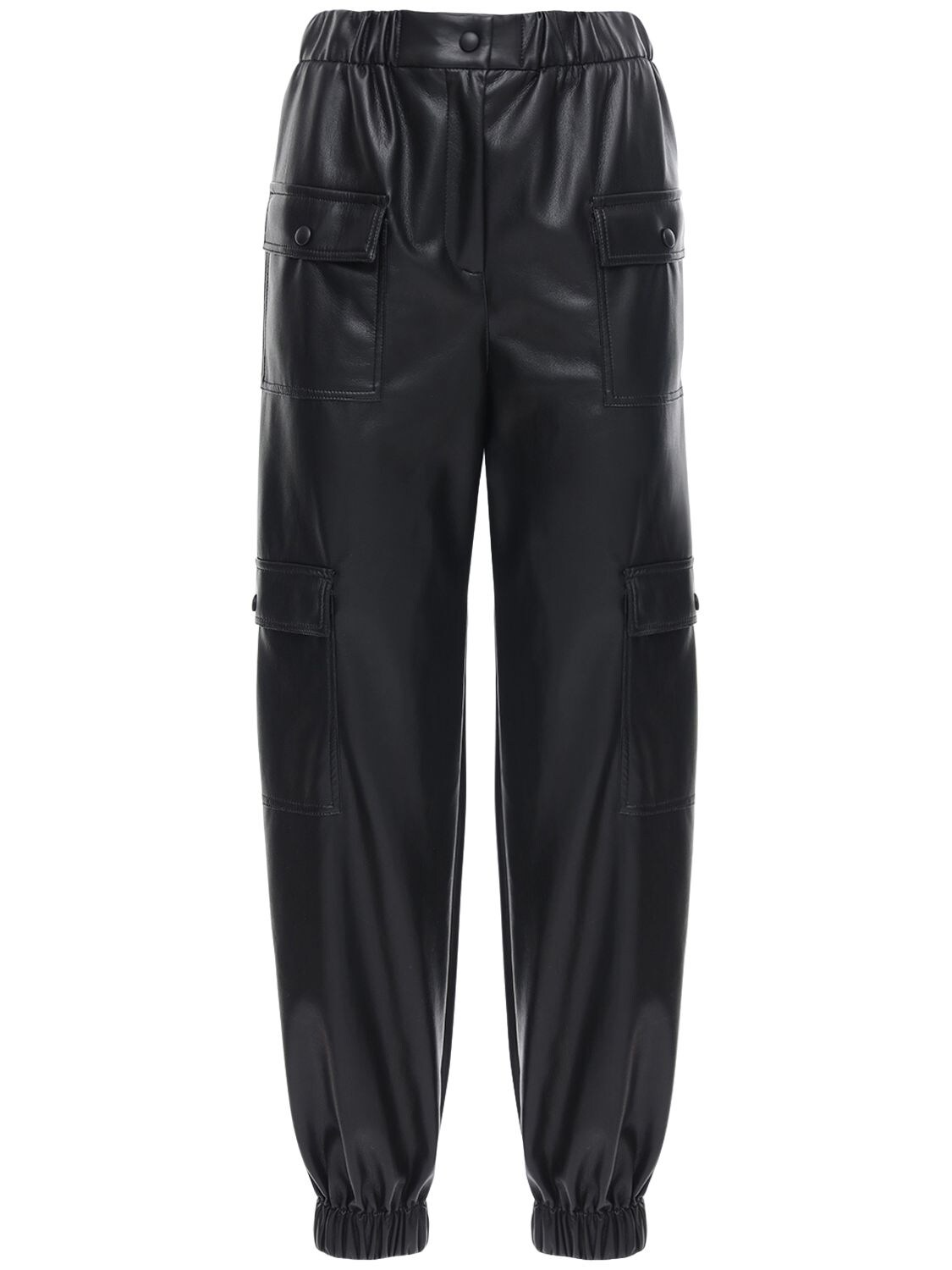 black faux leather cargo trousers