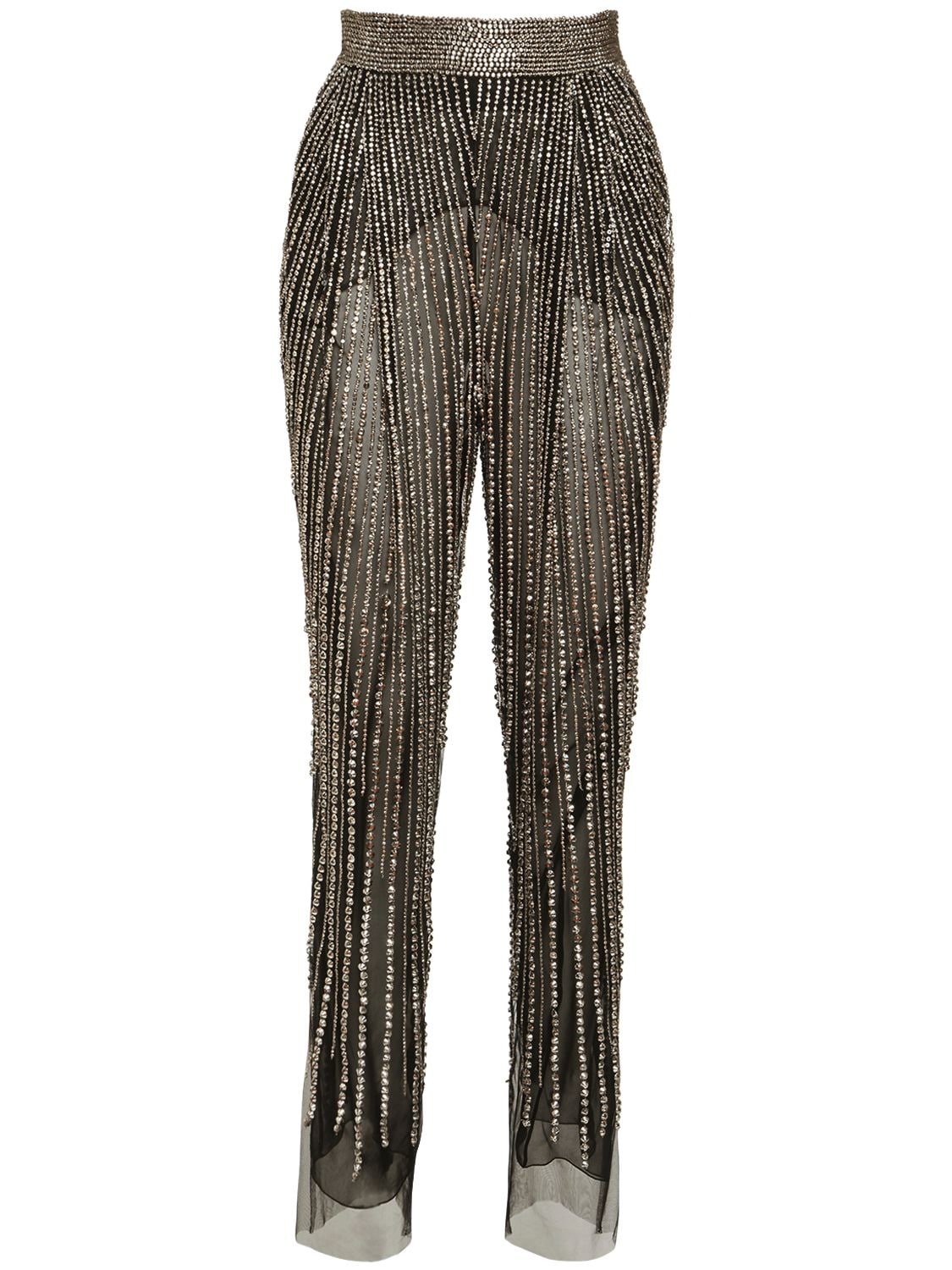 Alberta Ferretti Crystal Embellished Tulle Pants In Black,silver