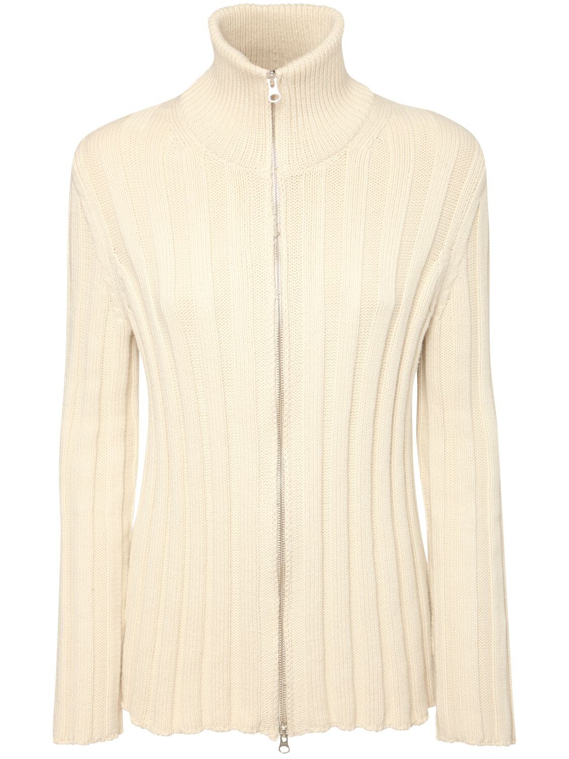 Mm6 Maison Margiela Logo Ribbed Knit Cotton Zip Jumper In Off-white
