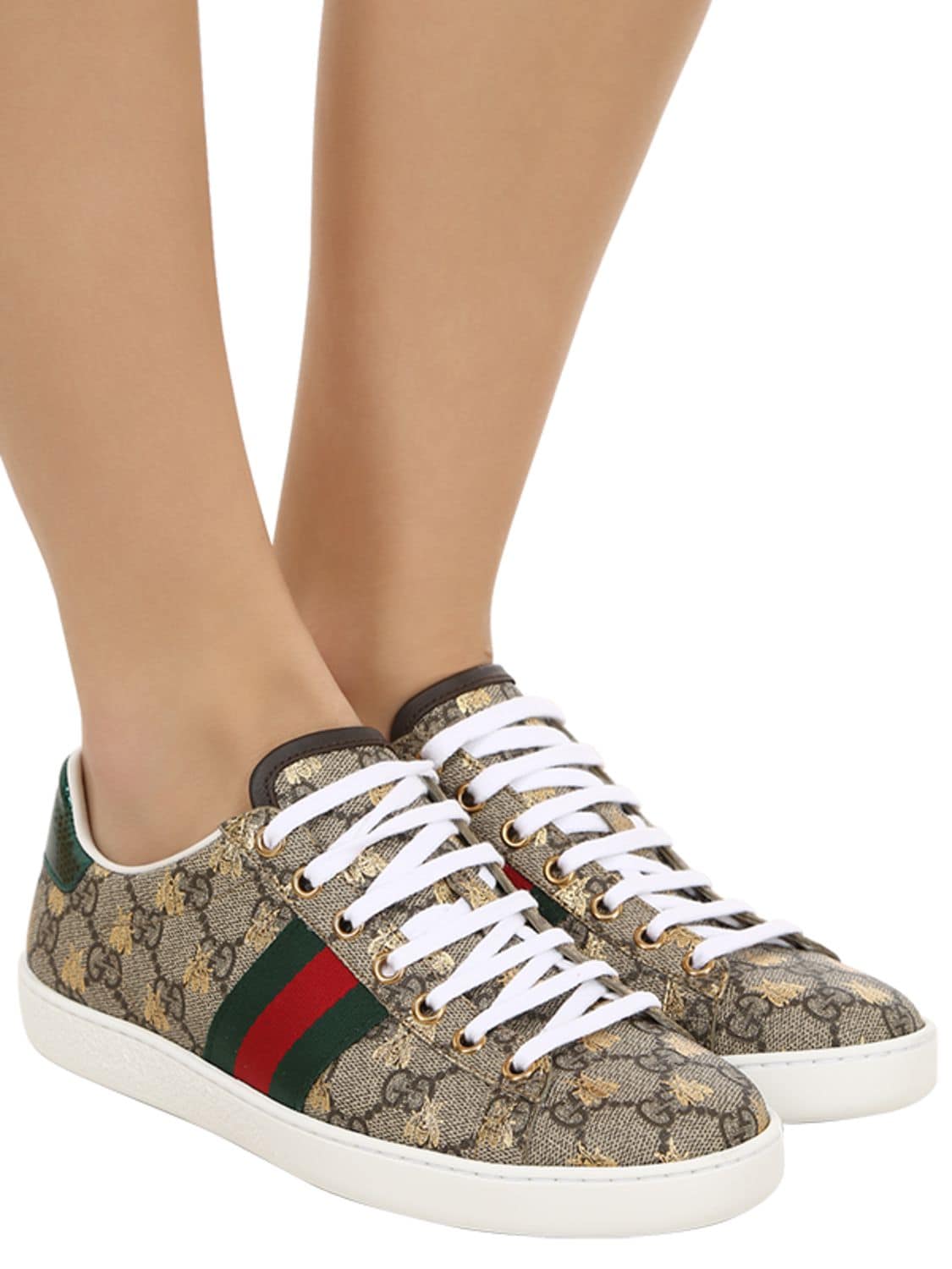 Shop Gucci 20mm New Ace Gg Supreme Canvas Sneakers In Beige,green