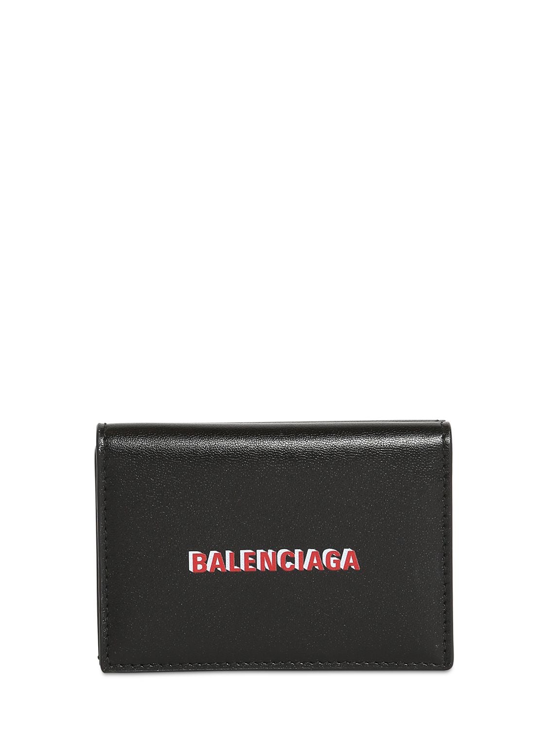 Balenciaga Double Logo Print Leather Mini Wallet In Black