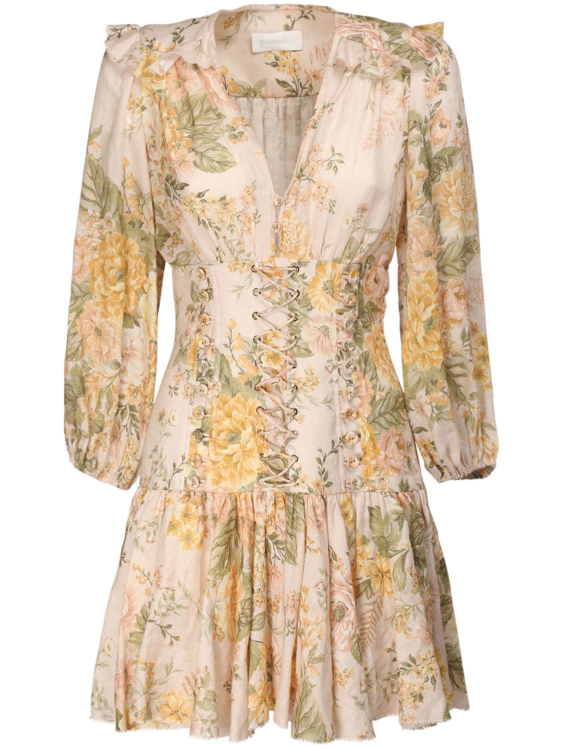 Zimmermann Amelie Lace-up Ruffled Floral-print Linen Mini Dress In ...