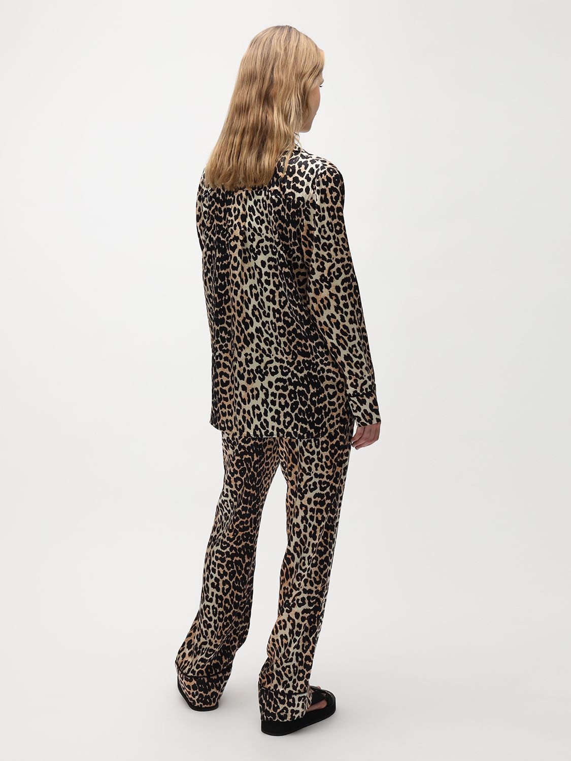Ganni Leopard-print Stretch Silk-satin Pajama Shirt In Brown | ModeSens