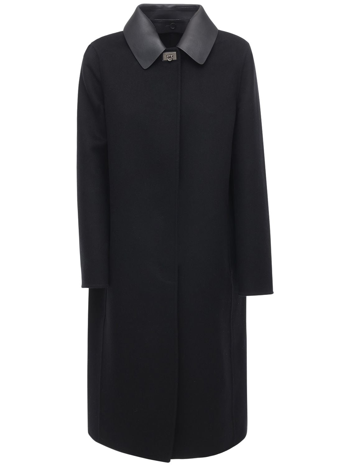 Ferragamo Wool & Cashmere Coat W/ Leather Collar In Black