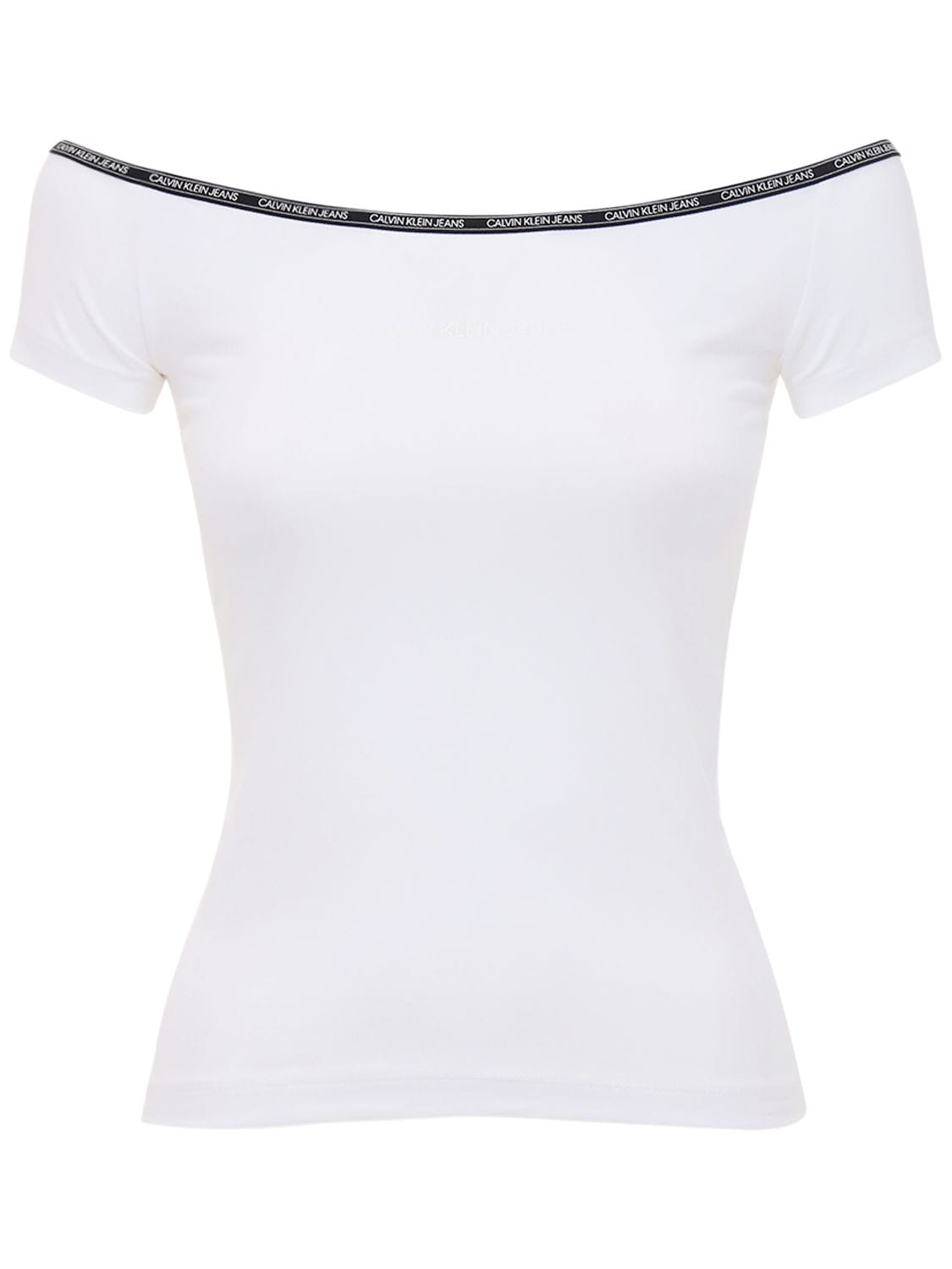 Calvin Klein Jeans Est.1978 Off-the-shoulder Logo Trim Jersey Top In White