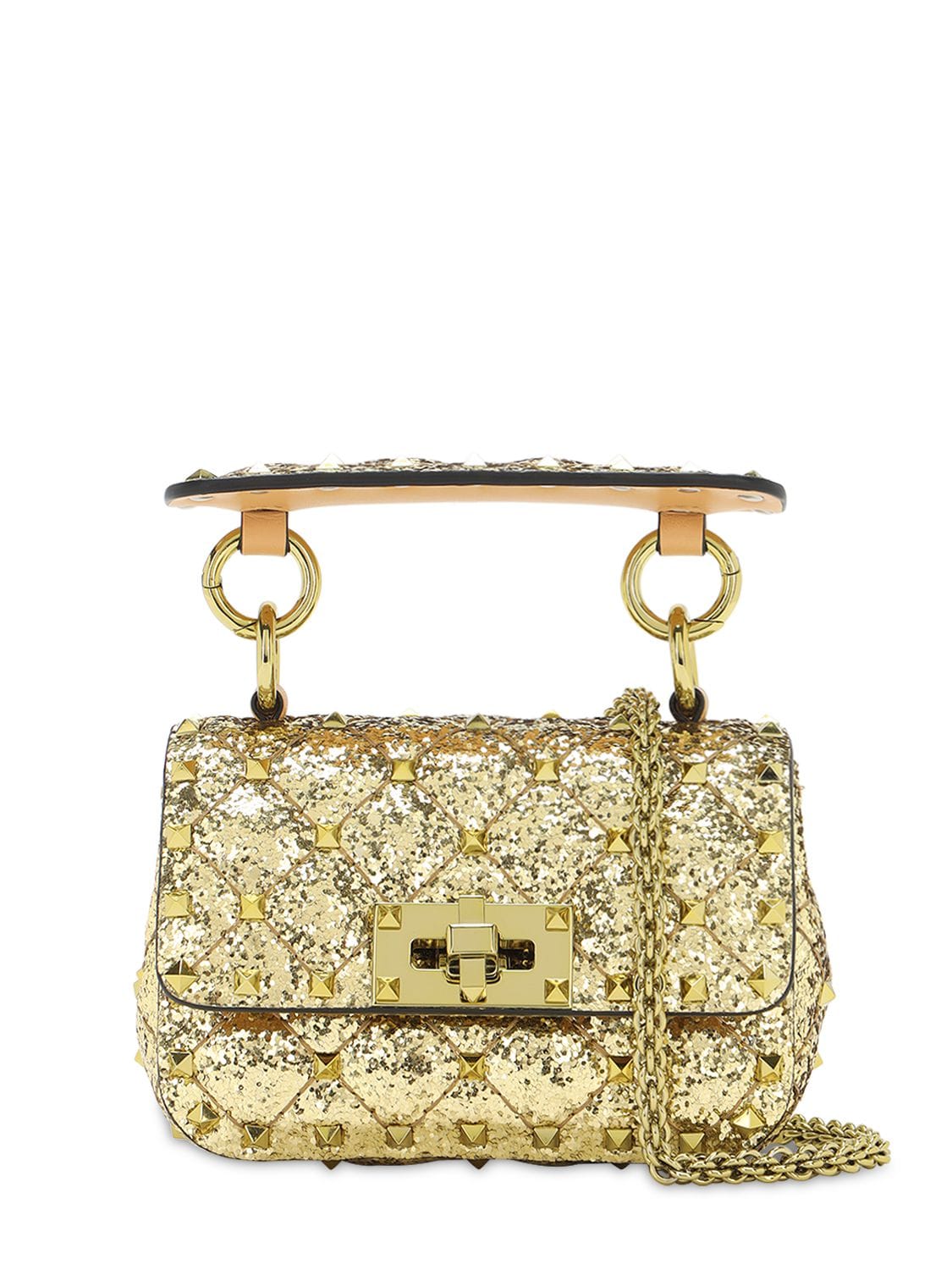 Valentino Garavani Micro Rockstud Spike Glitter Leather Bag In Gold