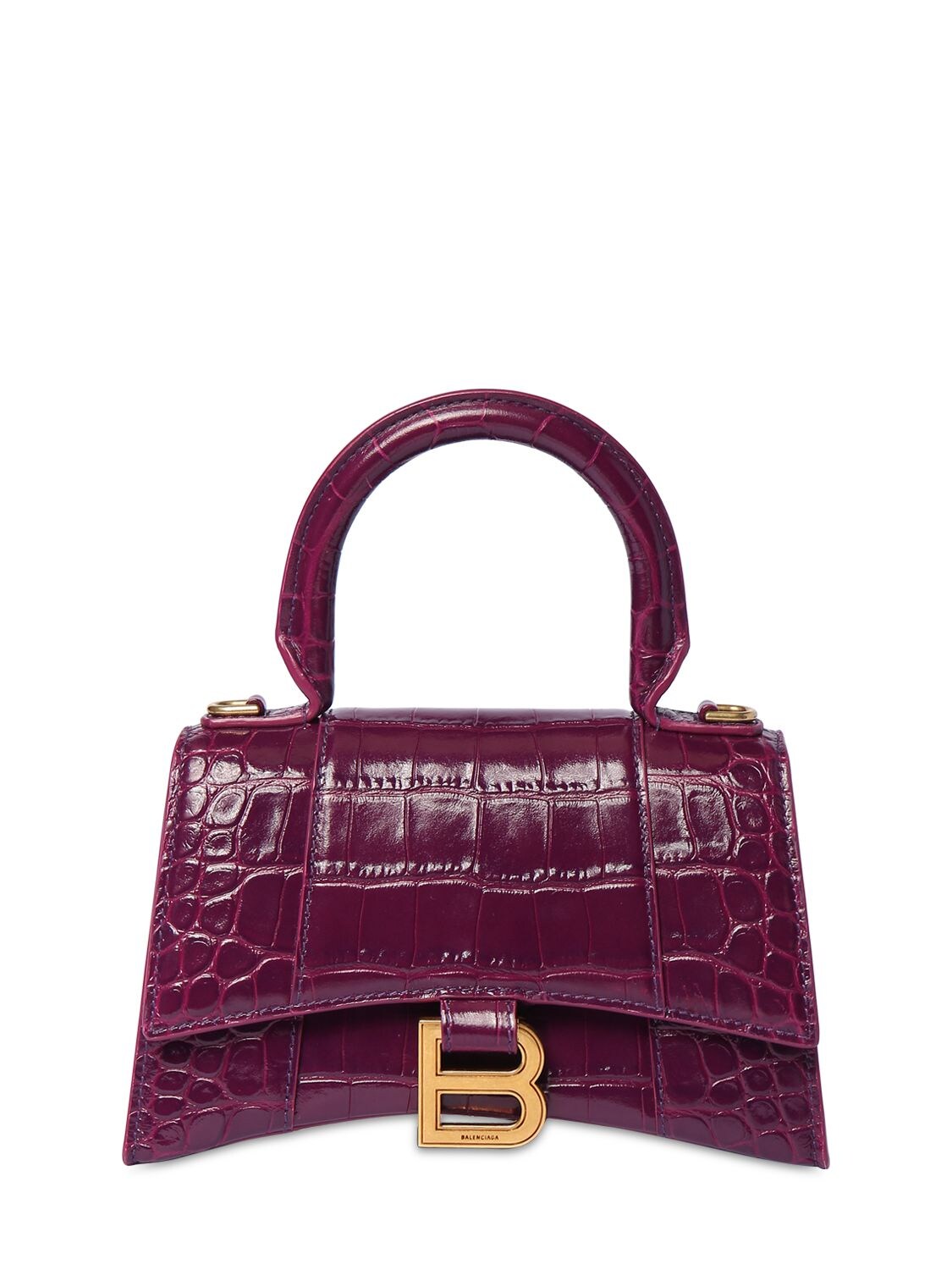 Balenciaga Xs Hourglass Croc Embossed Leather Bag In Grape
