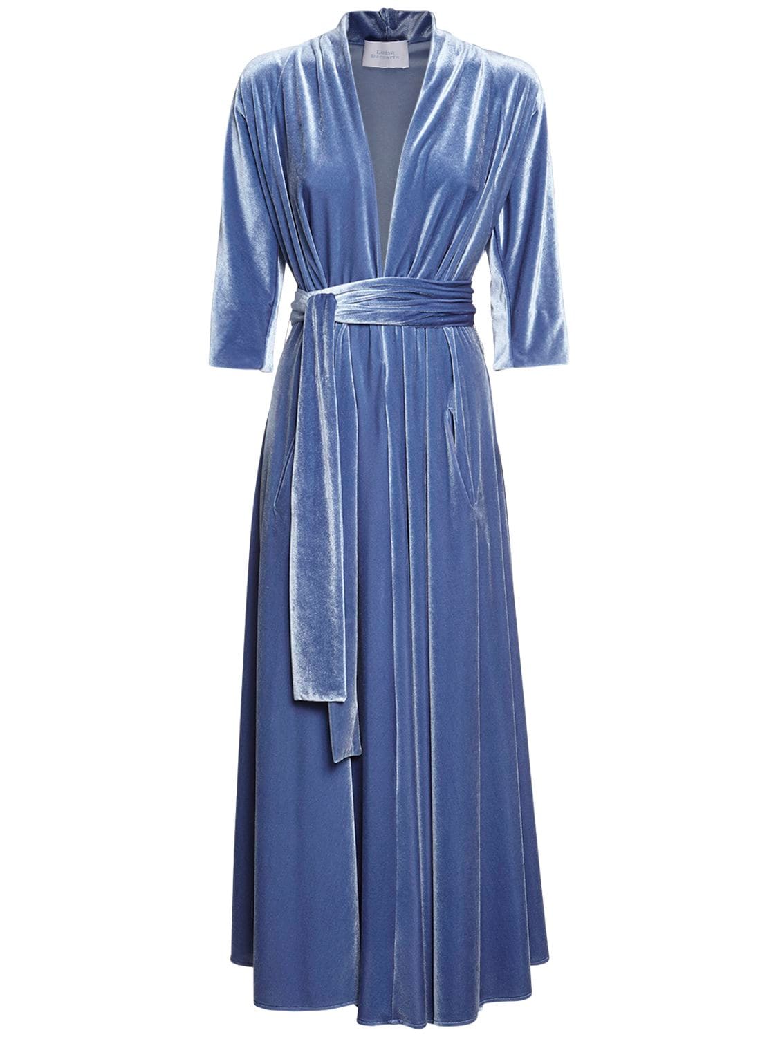 Luisa Beccaria V Neck Velvet Belted Midi Dress In Light Blue