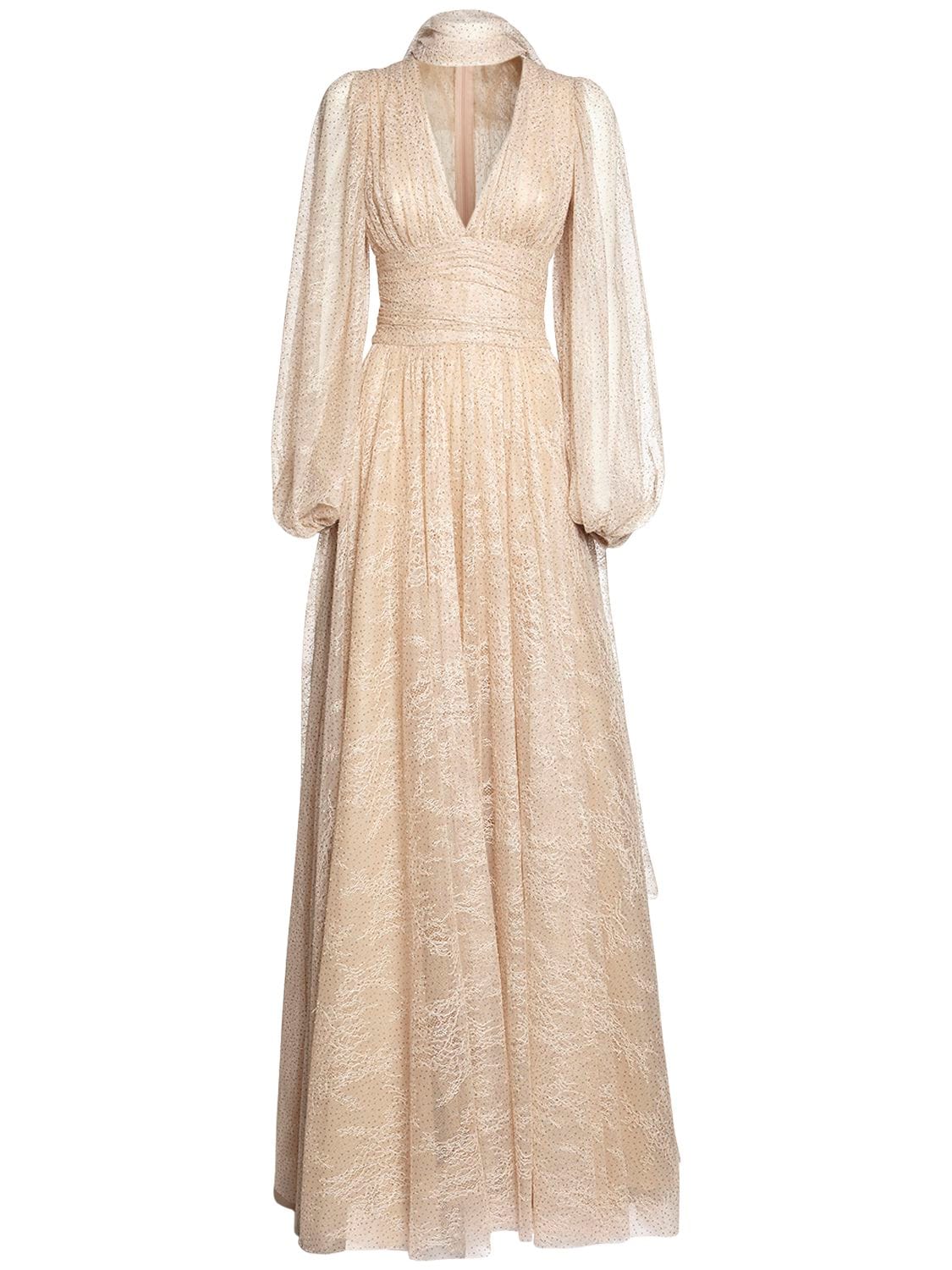 Luisa Beccaria Embellished Lace Long Dress In Cream