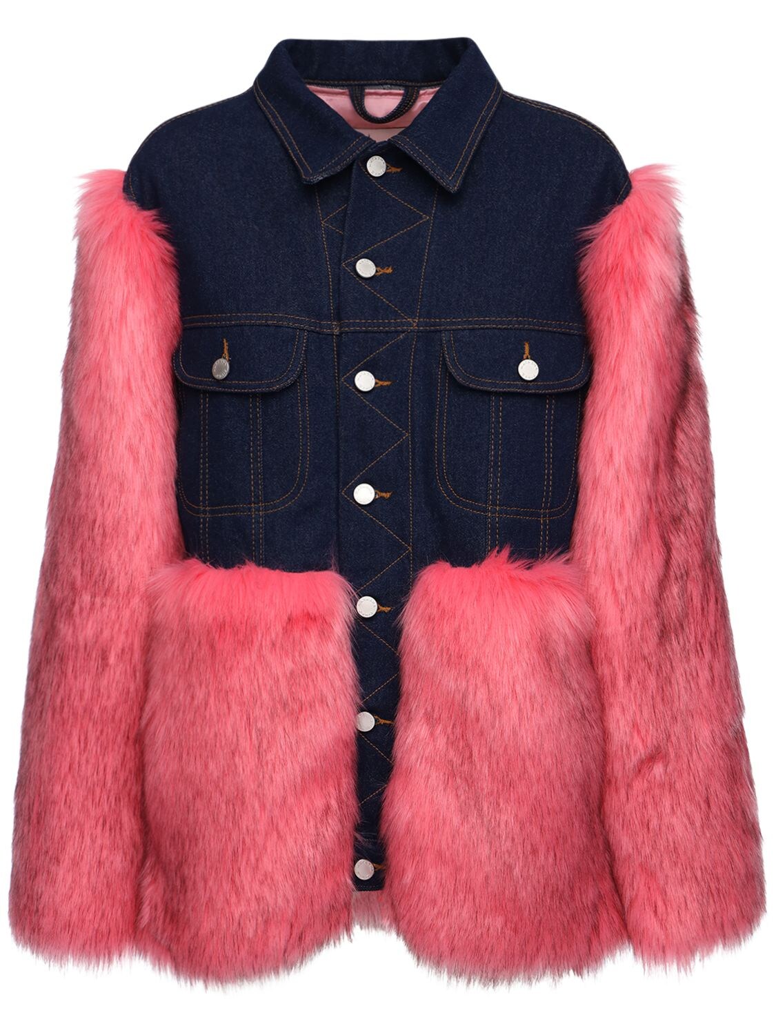 Natasha Zinko Oversized Faux-fur Denim Jacket In Blue,fuchsia