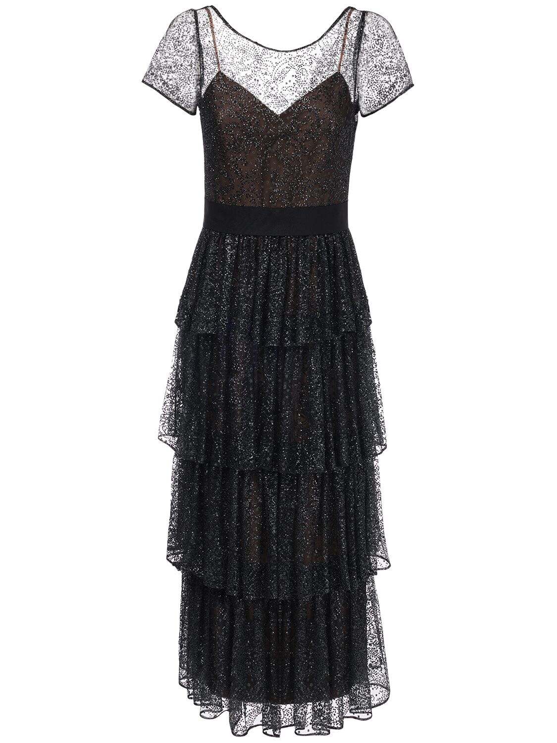Marchesa Notte Ruffled Long Tulle Dress In Black | ModeSens