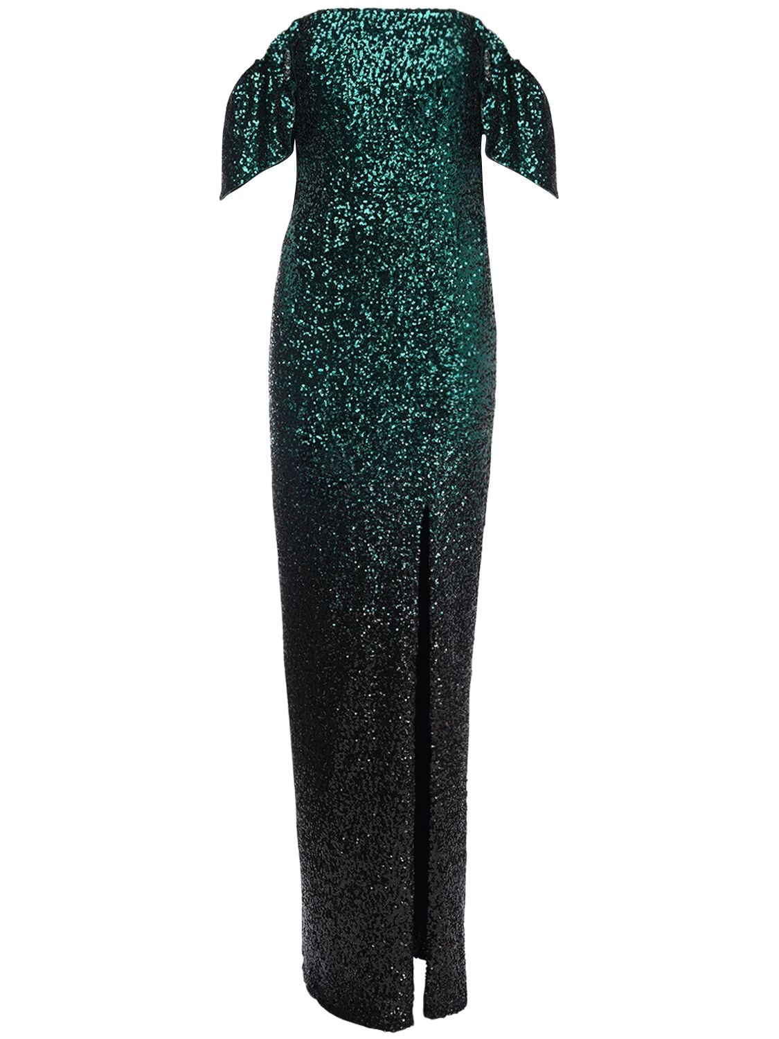 Marchesa Notte Off-the-shoulder Sequined Long Dress In Emerald