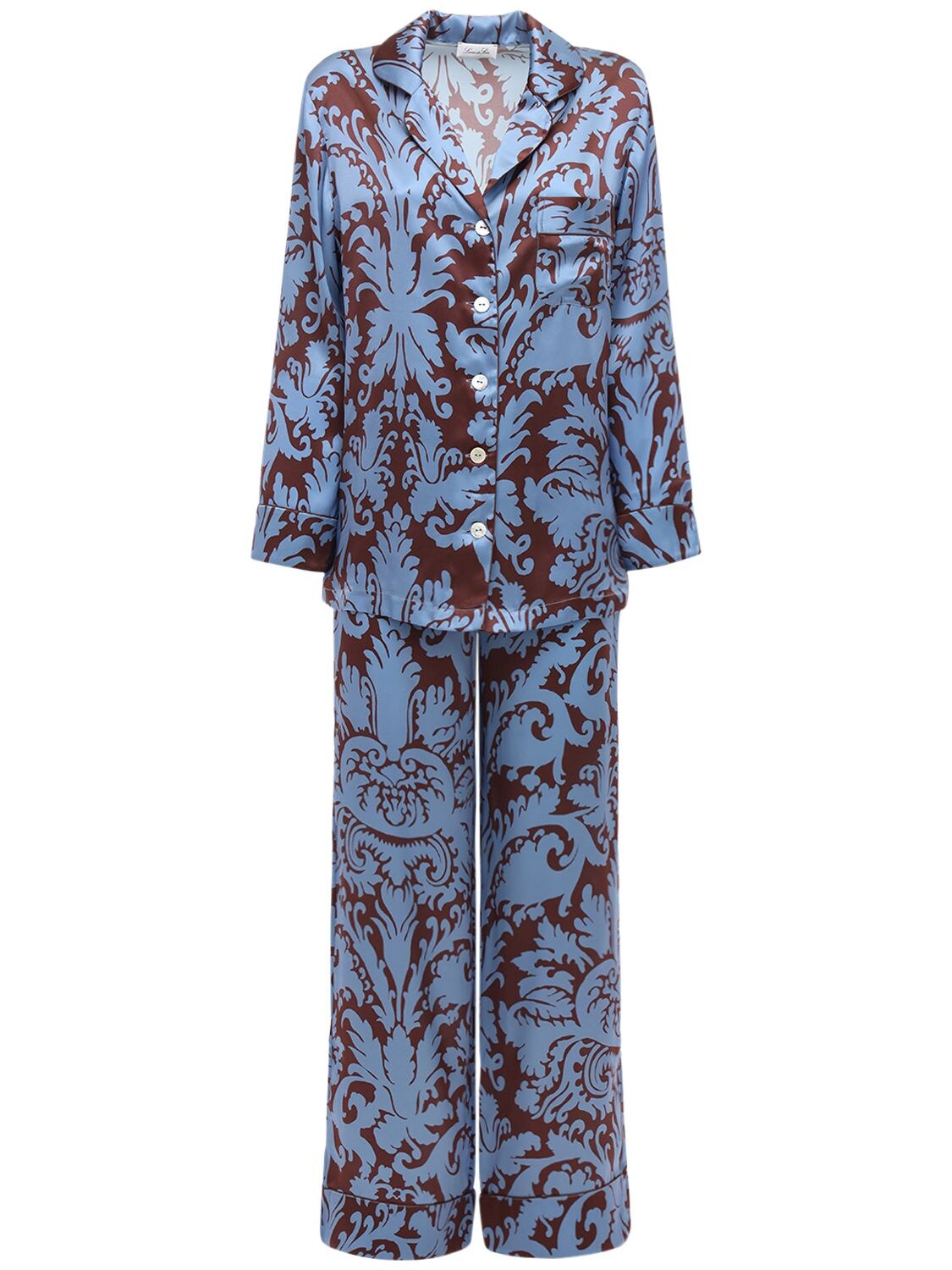 Luna Di Seta Printed Satin Pajama Set In Brown,blue