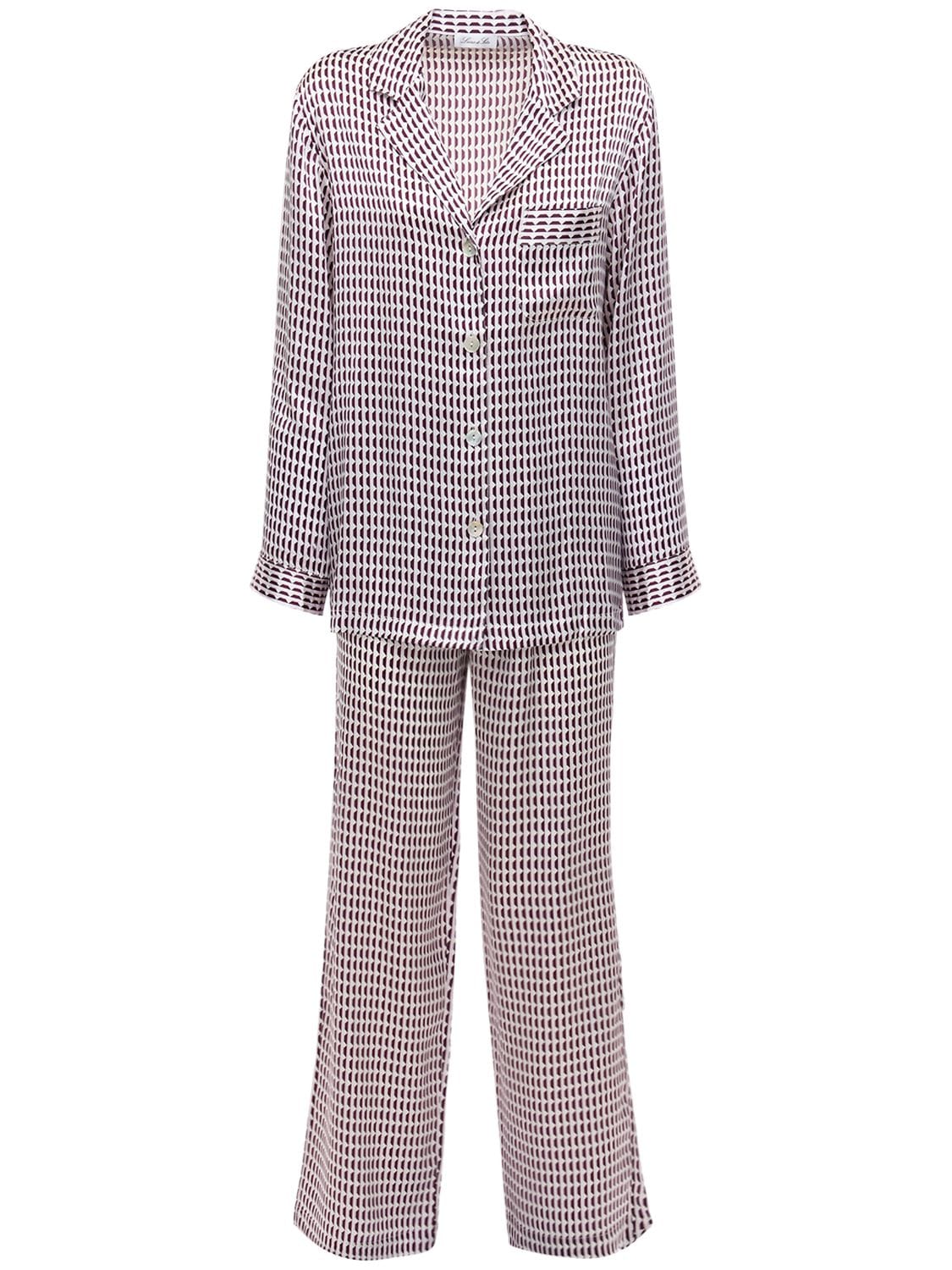 Luna Di Seta Printed Satin Pajama Set In Purple,white