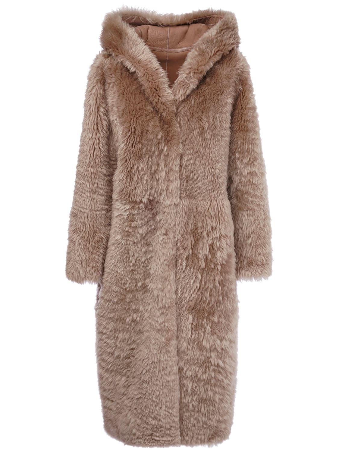 Liska Reversible Fur Long Coat W/ Hood In Taupe