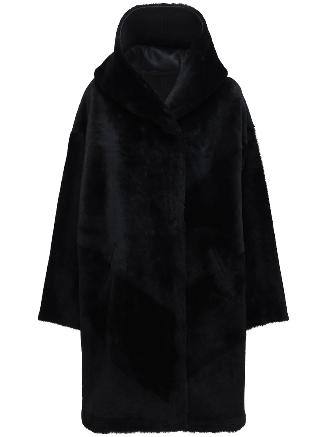 Liska Reversible Fur Long Coat W/ Hood In Black
