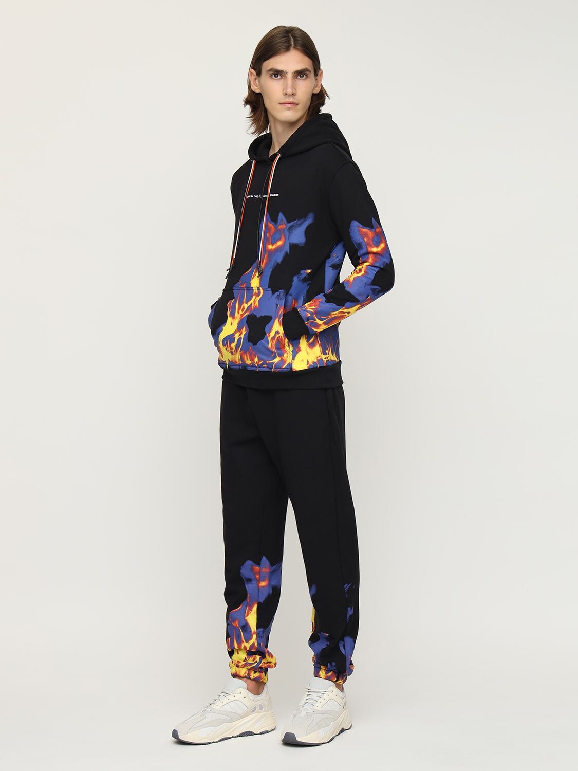 Ihs Flames Print Cotton Jersey Hoodie In Black