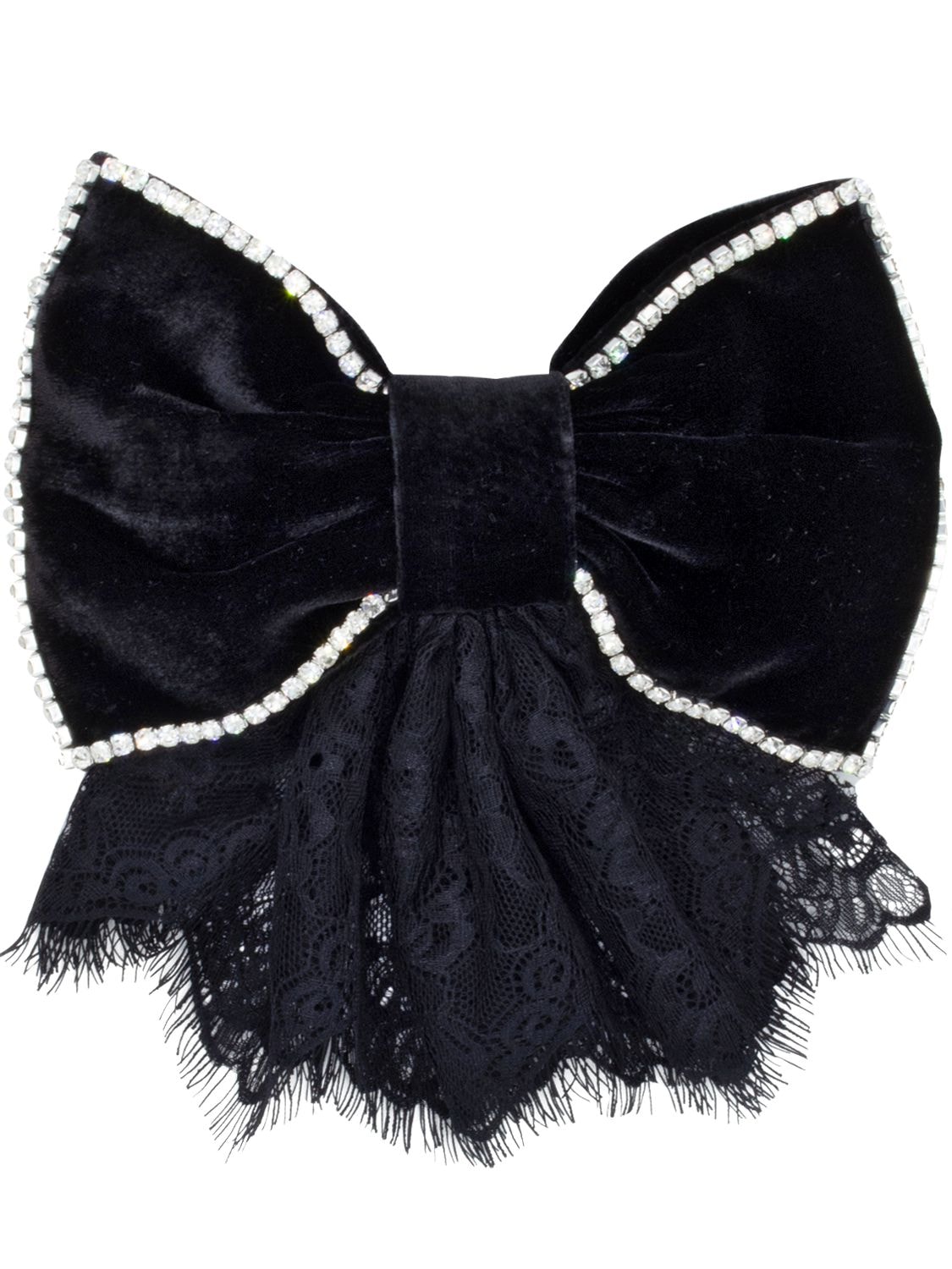 Anouki Velvet Effect Bow W/ Lace & Crystal In Black