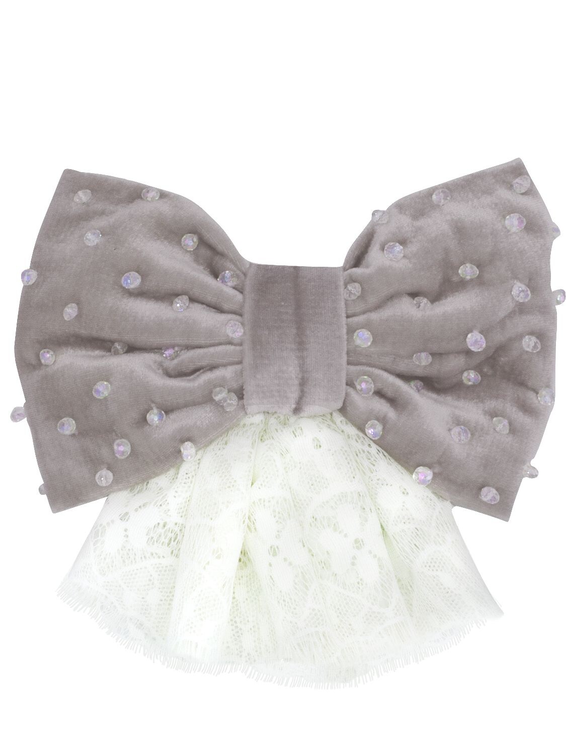 Anouki Velvet Effect Bow W/ Lace & Crystals In Grey,white