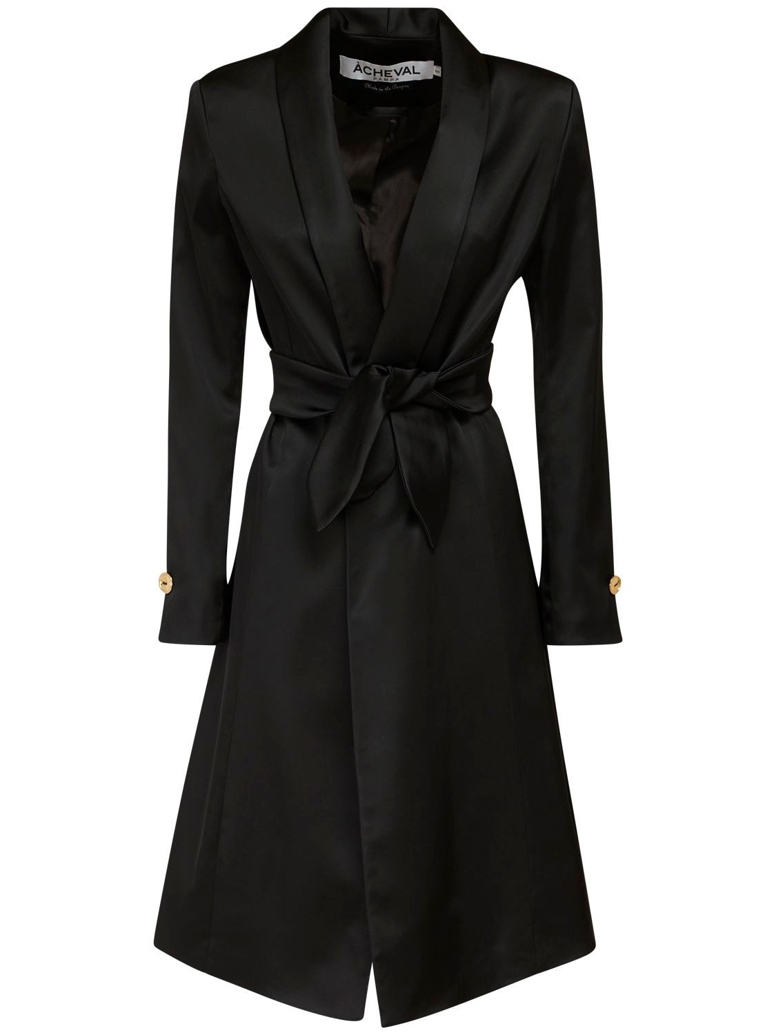 Acheval Pampa Tero Satin Long Coat W/ Belt In Black