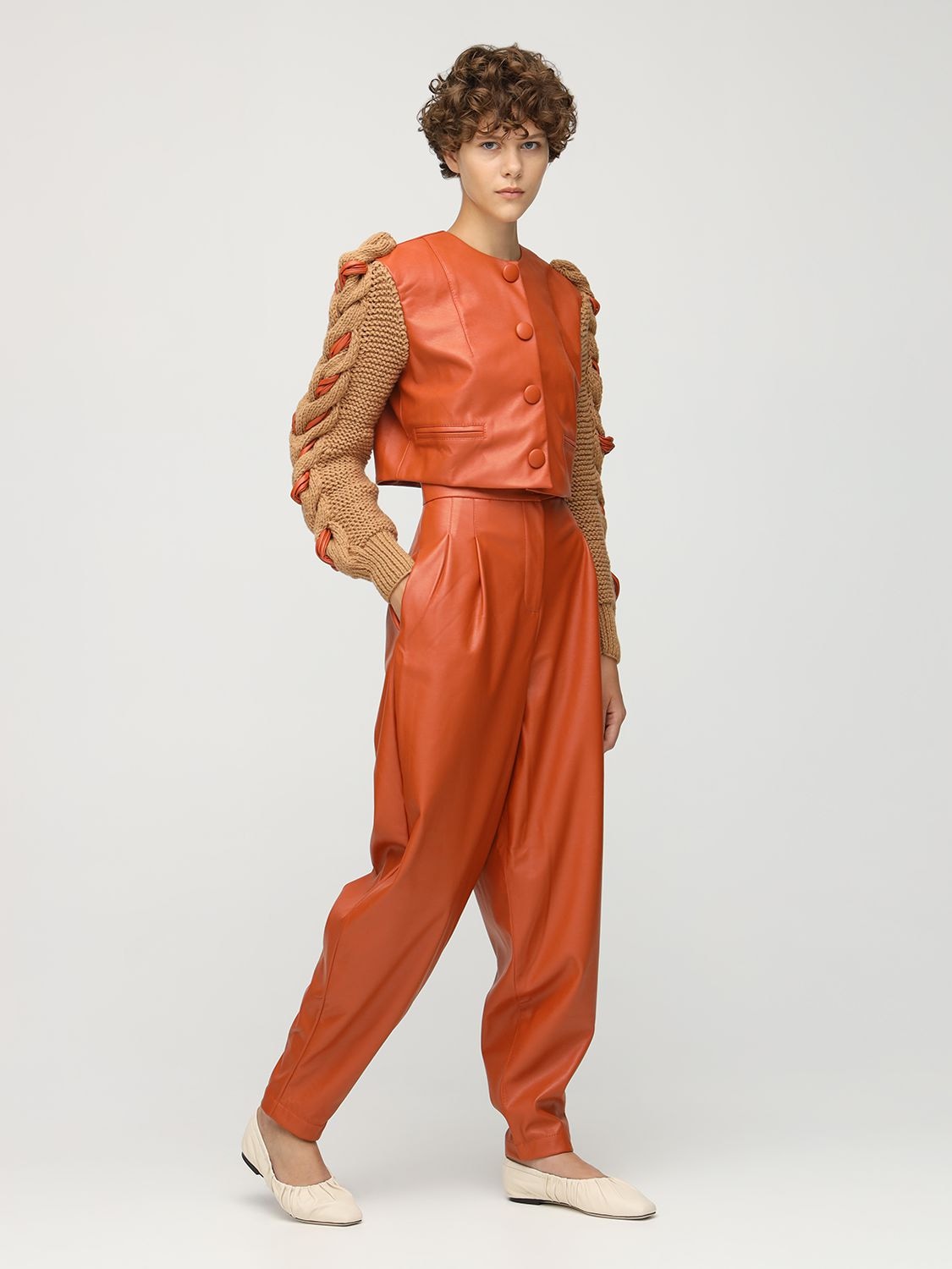 Liya Faux Leather Jacket W/ Knit Puff Sleeves In Orange