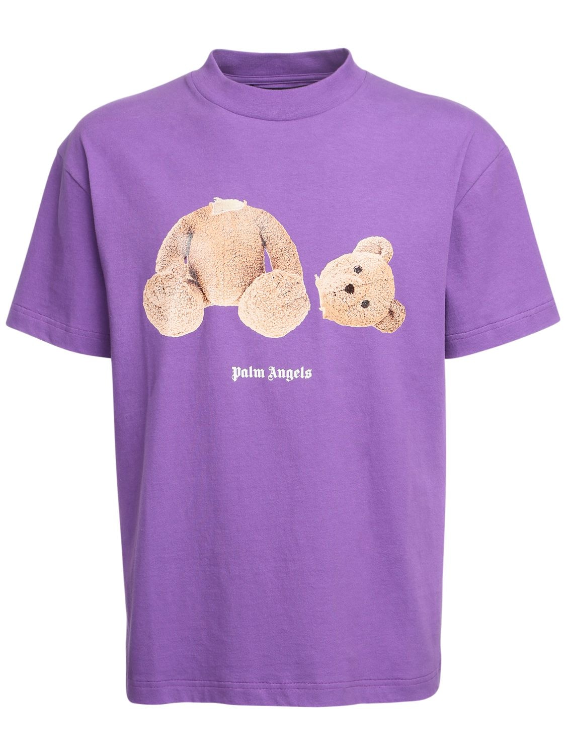 Palm Angels Bear Print Over Cotton Jersey T-shirt In Purple,brown