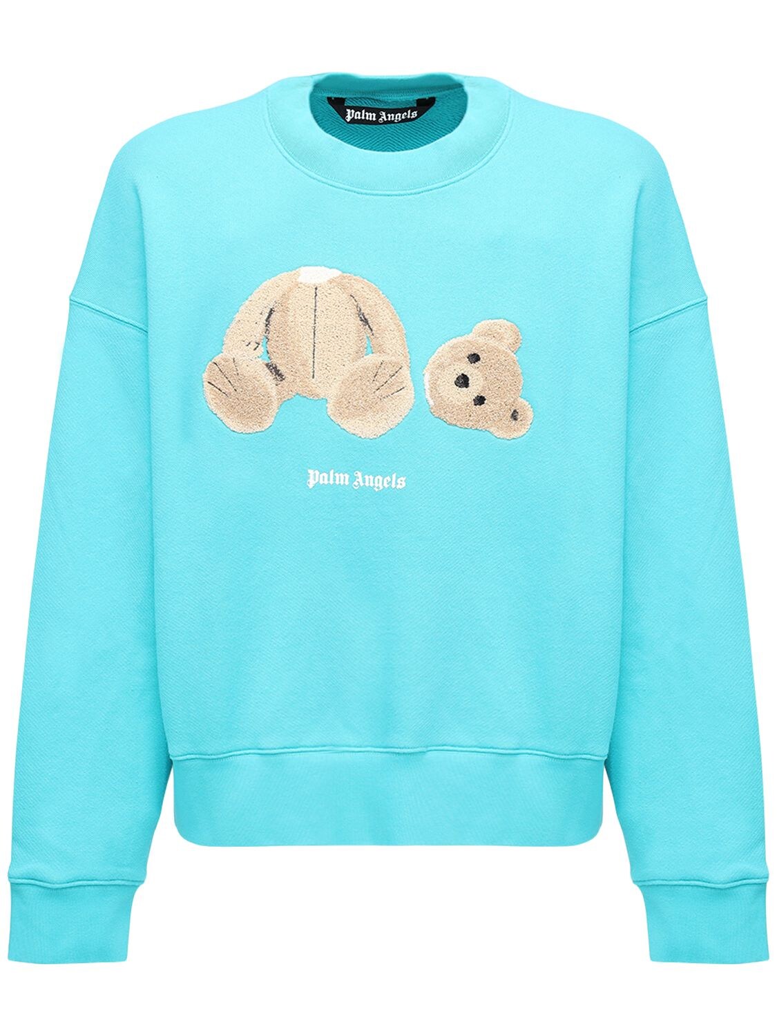 Palm Angels Bear Print Crewneck Cotton Sweatshirt In Light Blue | ModeSens