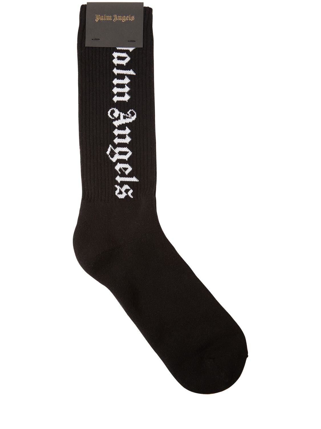 Palm Angels Gothic Printed Logo Cotton Blend Socks In Black