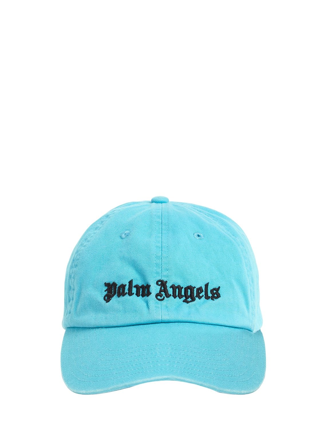 Palm Angels Logo刺绣棉质帆布帽子 In Aquamarine