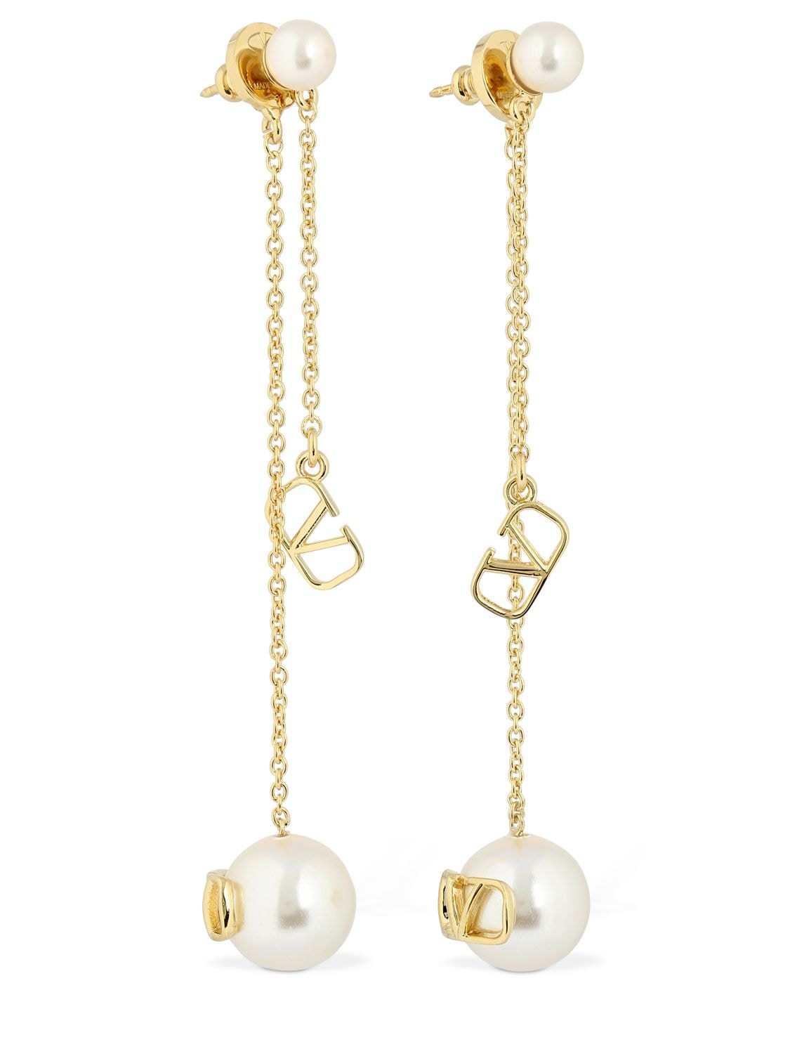 Valentino Garavani V Logo & Imitation Pearl Pendant Earring In Gold,white