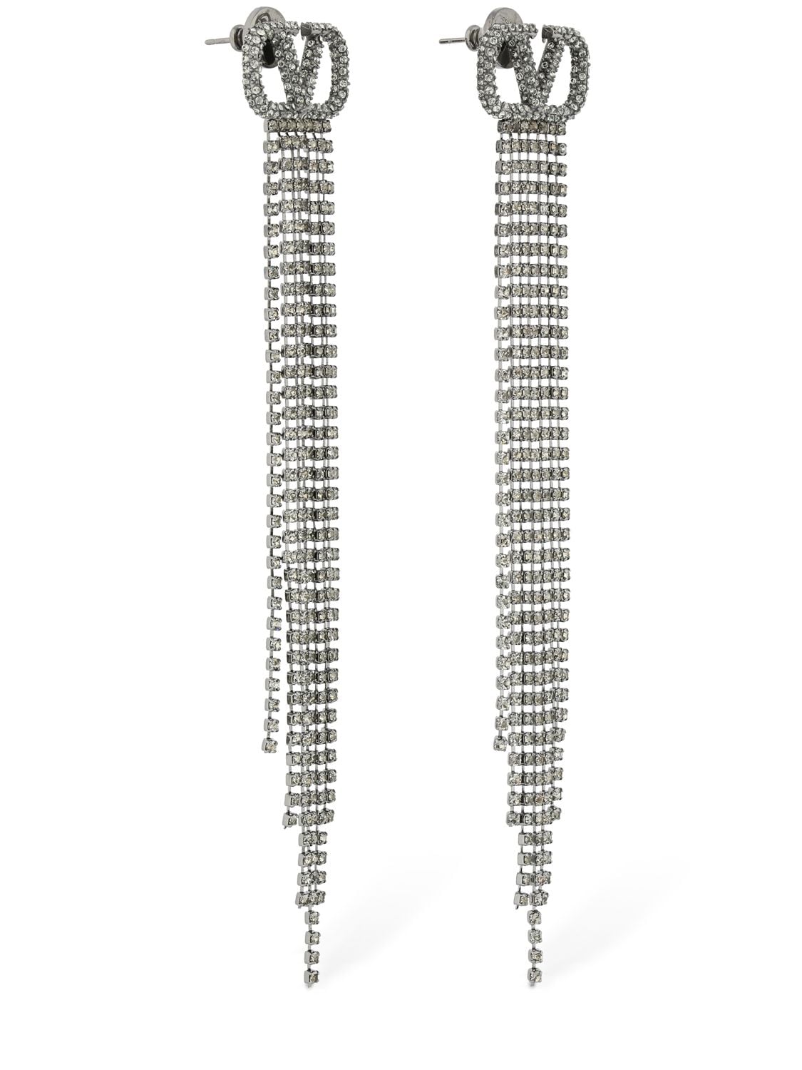 Valentino Garavani V Logo Crystal Fringe Pendant Earrings In Black,silver