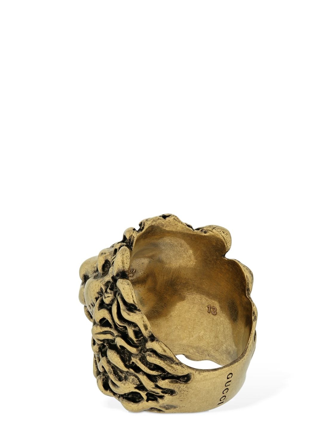 Shop Gucci Lionhead Thick Brass Ring In Gold