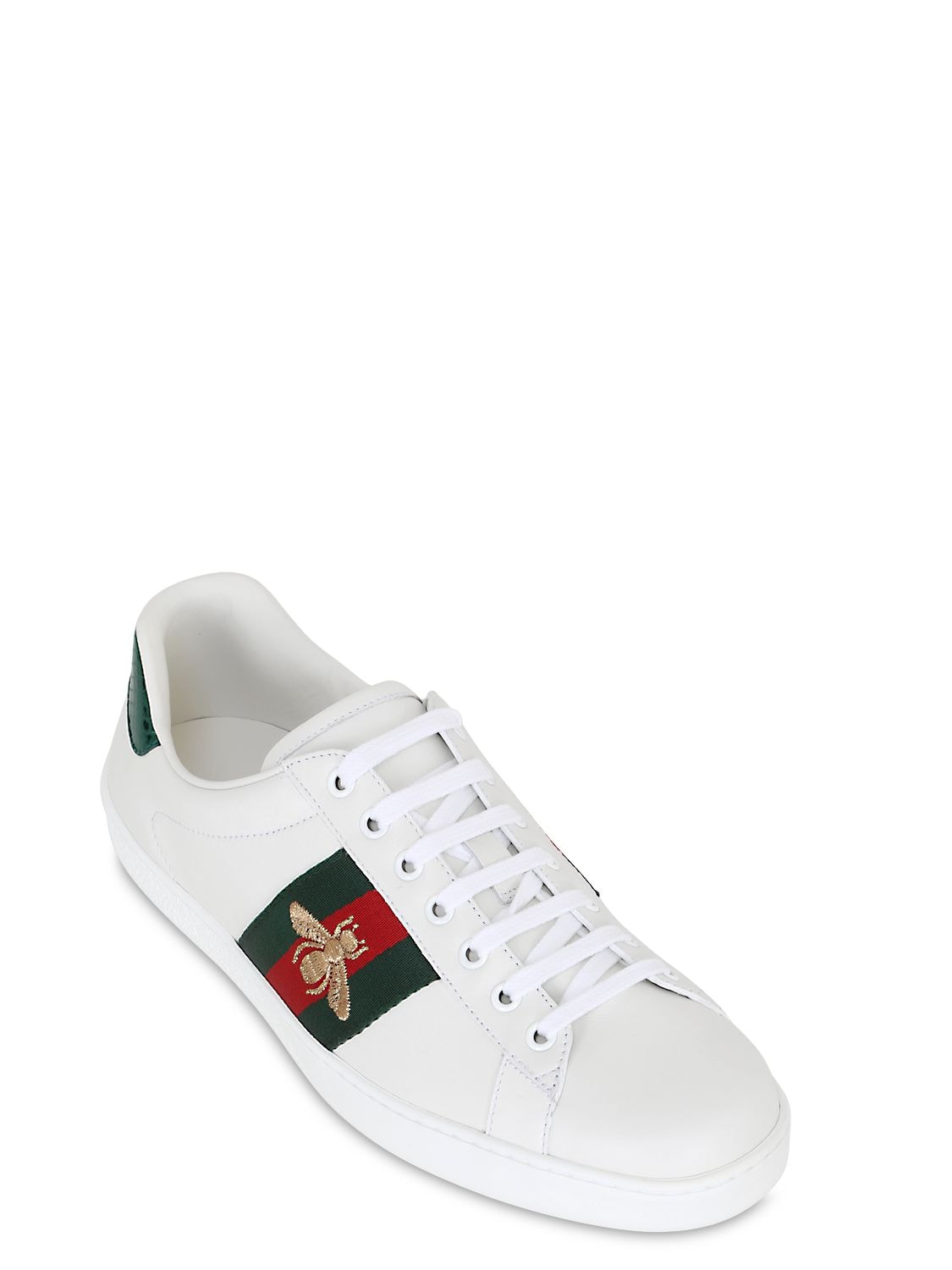 Shop Gucci New Ace Bee Web Leather Sneakers In White