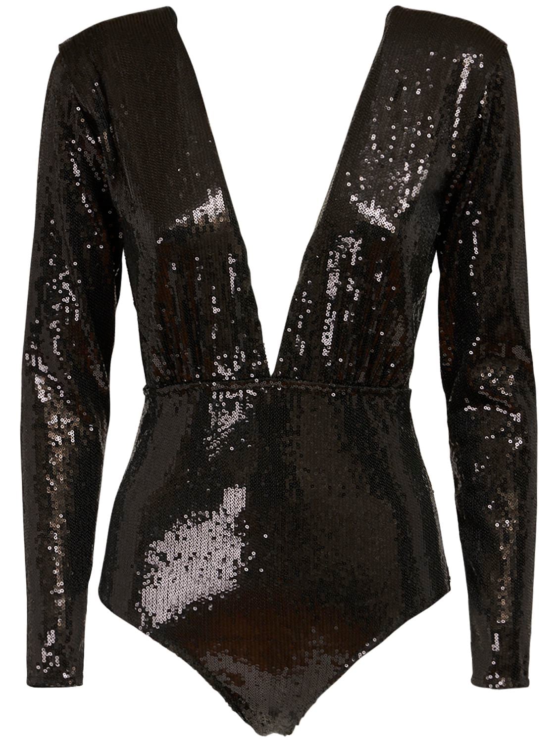 In The Mood For Love Terry Sequined Bodysuit In Black