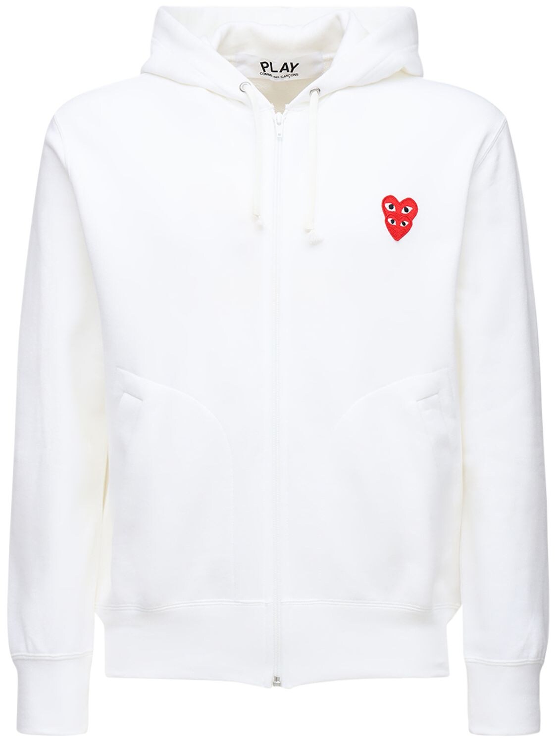 Comme Des Garçons Play Double Heart Patch Cotton Zip Hoodie In White