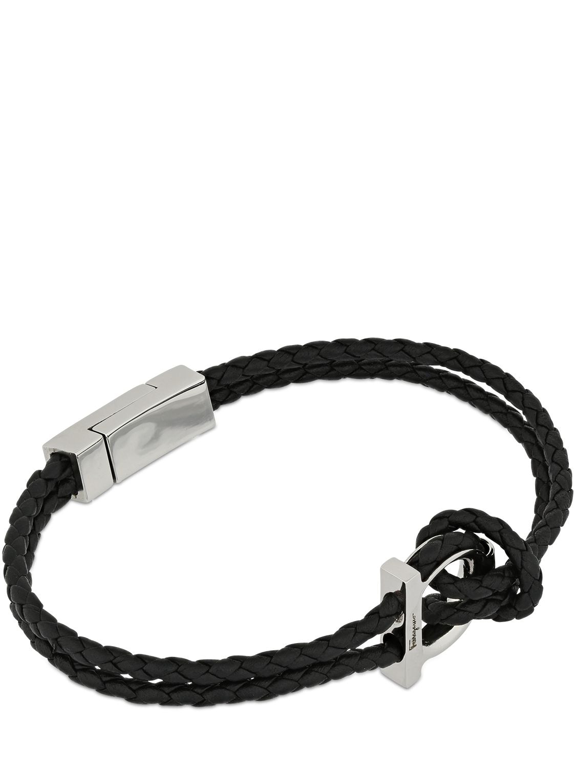Shop Ferragamo 19cm Gancio Braided Leather Bracelet In Black