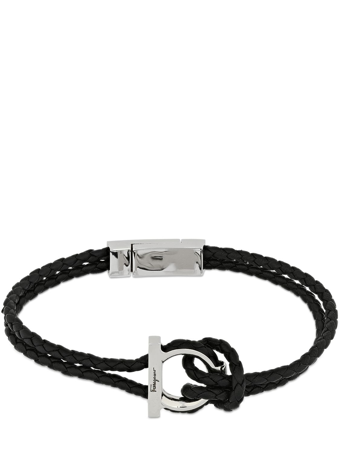 Ferragamo 19cm Gancio Braided Leather Bracelet In Black