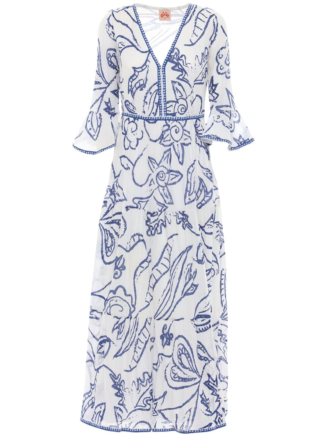 Le Sirenuse Positano Bella Paisley Cotton Crepe Long Dress In White,blue