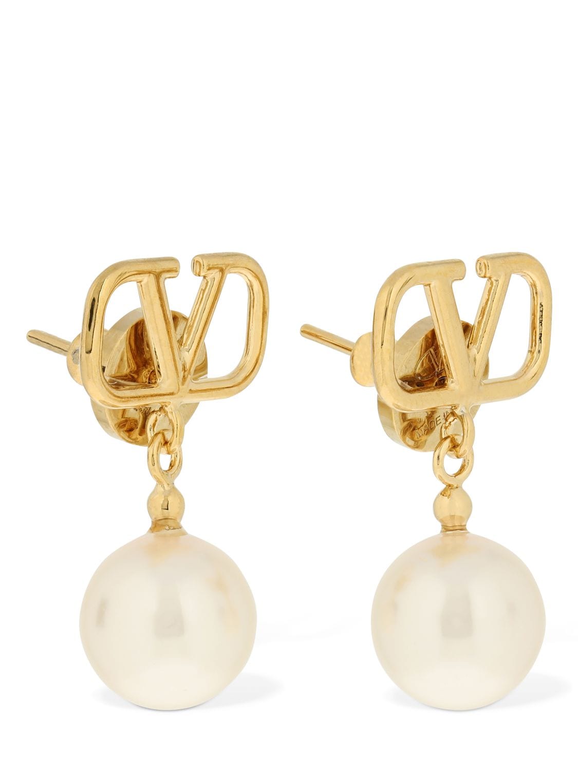 Shop Valentino V Logo & Faux Pearl Drop Earrings In Gold,white