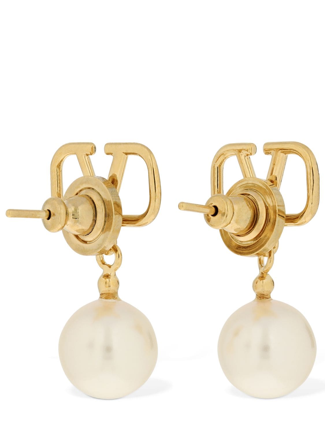 Shop Valentino V Logo & Faux Pearl Drop Earrings In Gold,white