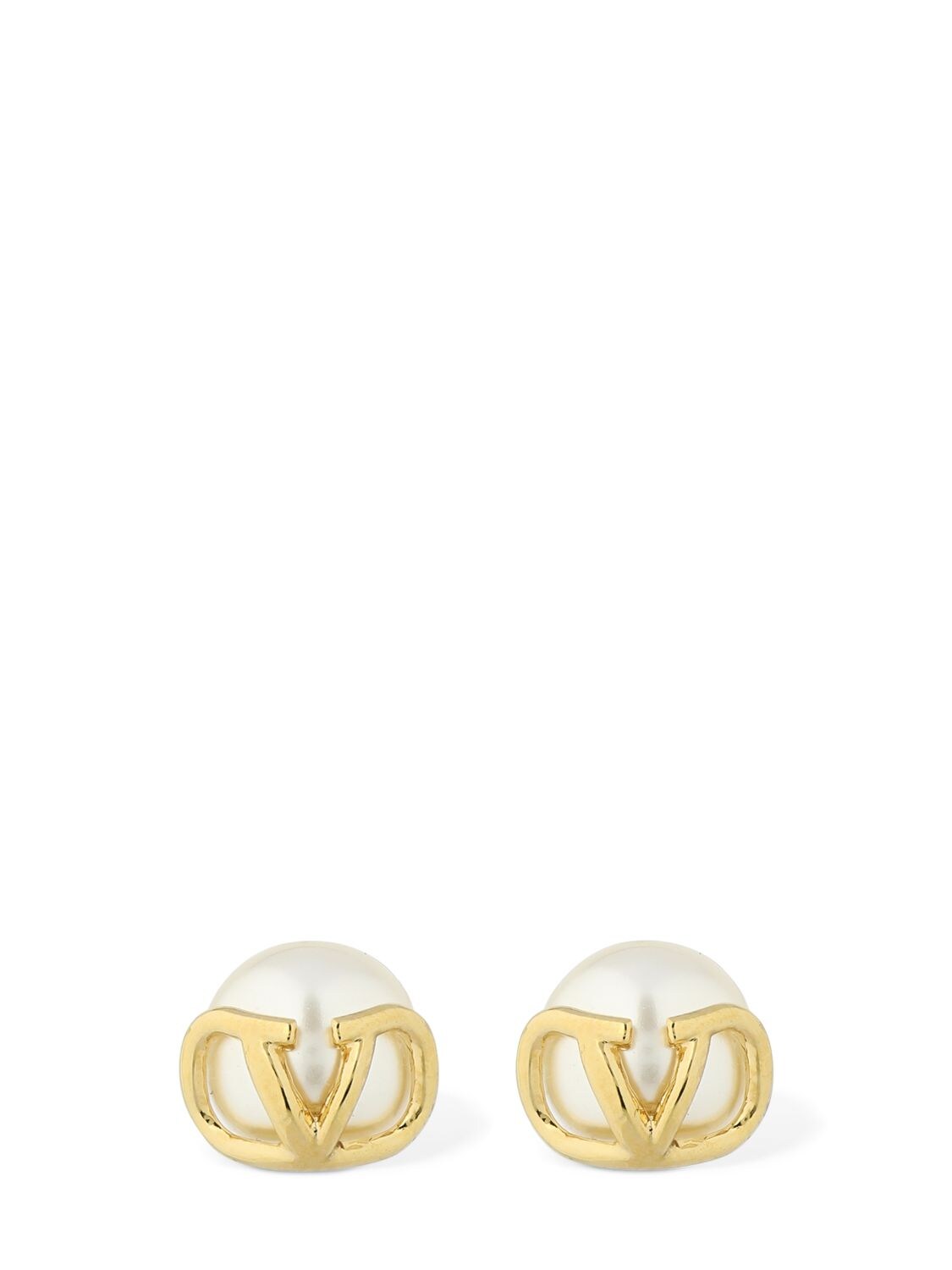 Valentino Garavani V Logo & Imitation Pearl Stud Earrings In White,gold