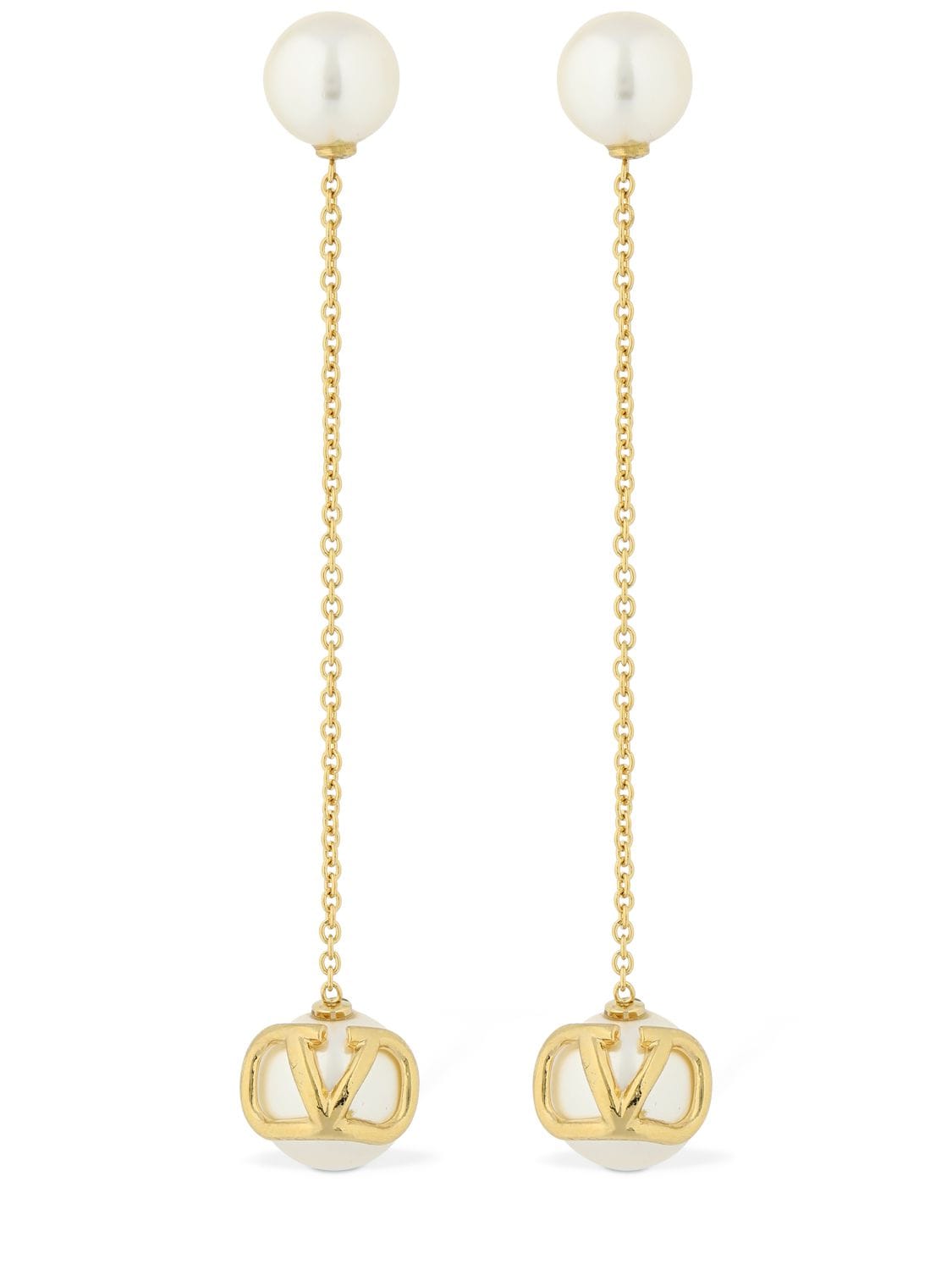 Valentino Garavani V Logo & Imitation Pearl Drop Earrings In Gold,white