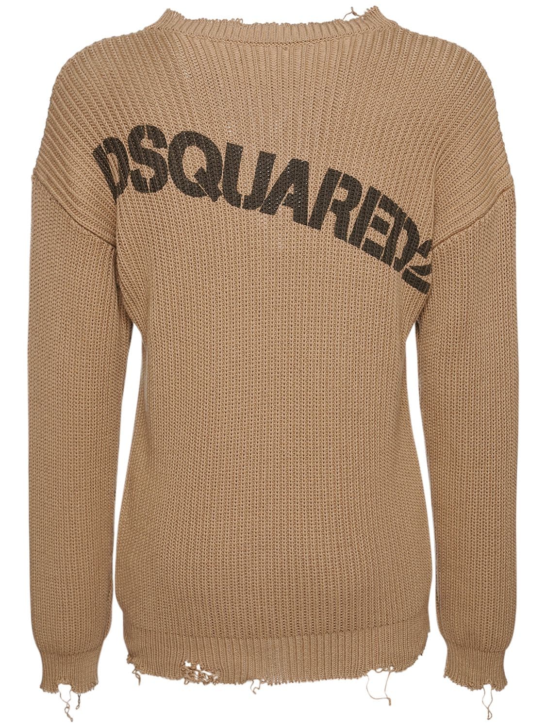 Dsquared2 Destroyed Logo Print Knit Cotton Sweater In Beige