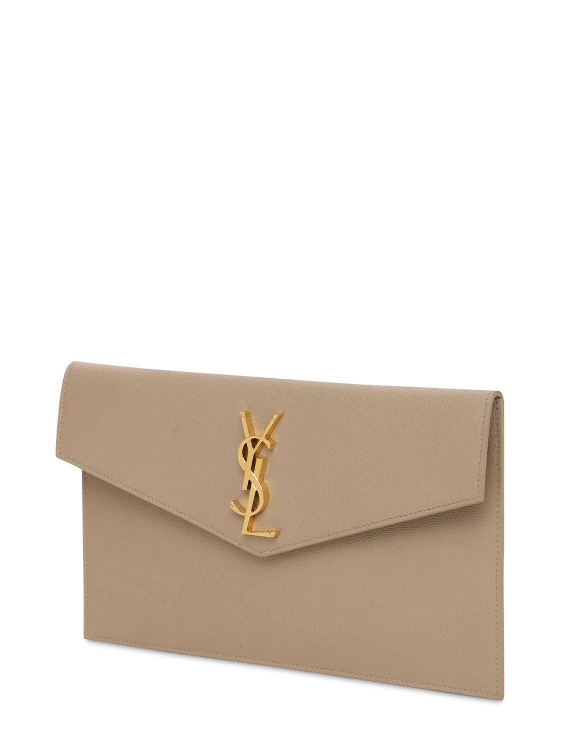 Shop Saint Laurent Uptown Leather Clutch In Dark Beige