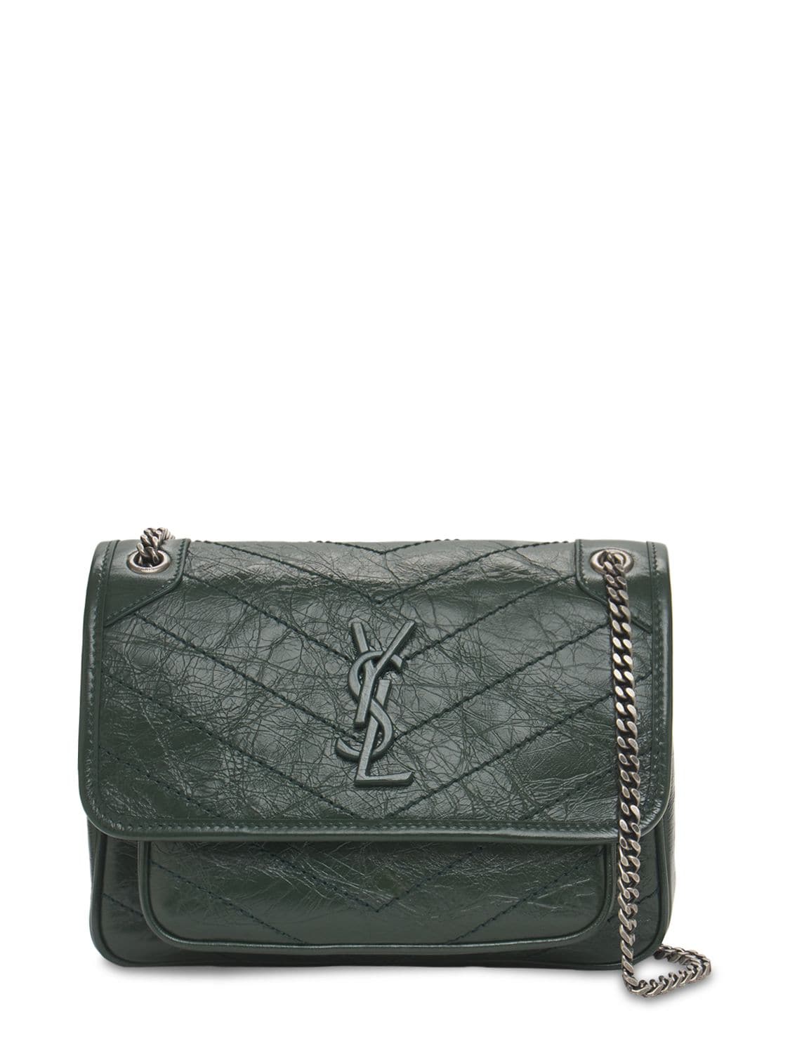 Saint Laurent Niki Monogram Crinkled Leather Bag In New Vert