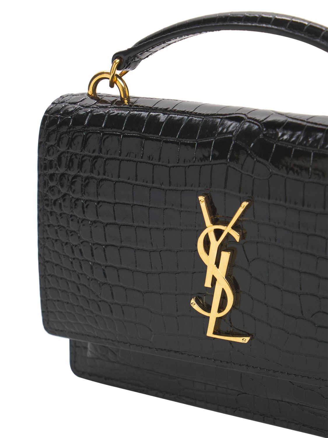 Saint Laurent Sunset Chain Wallet in Crocodile-Embossed Shiny Leather - White - Women