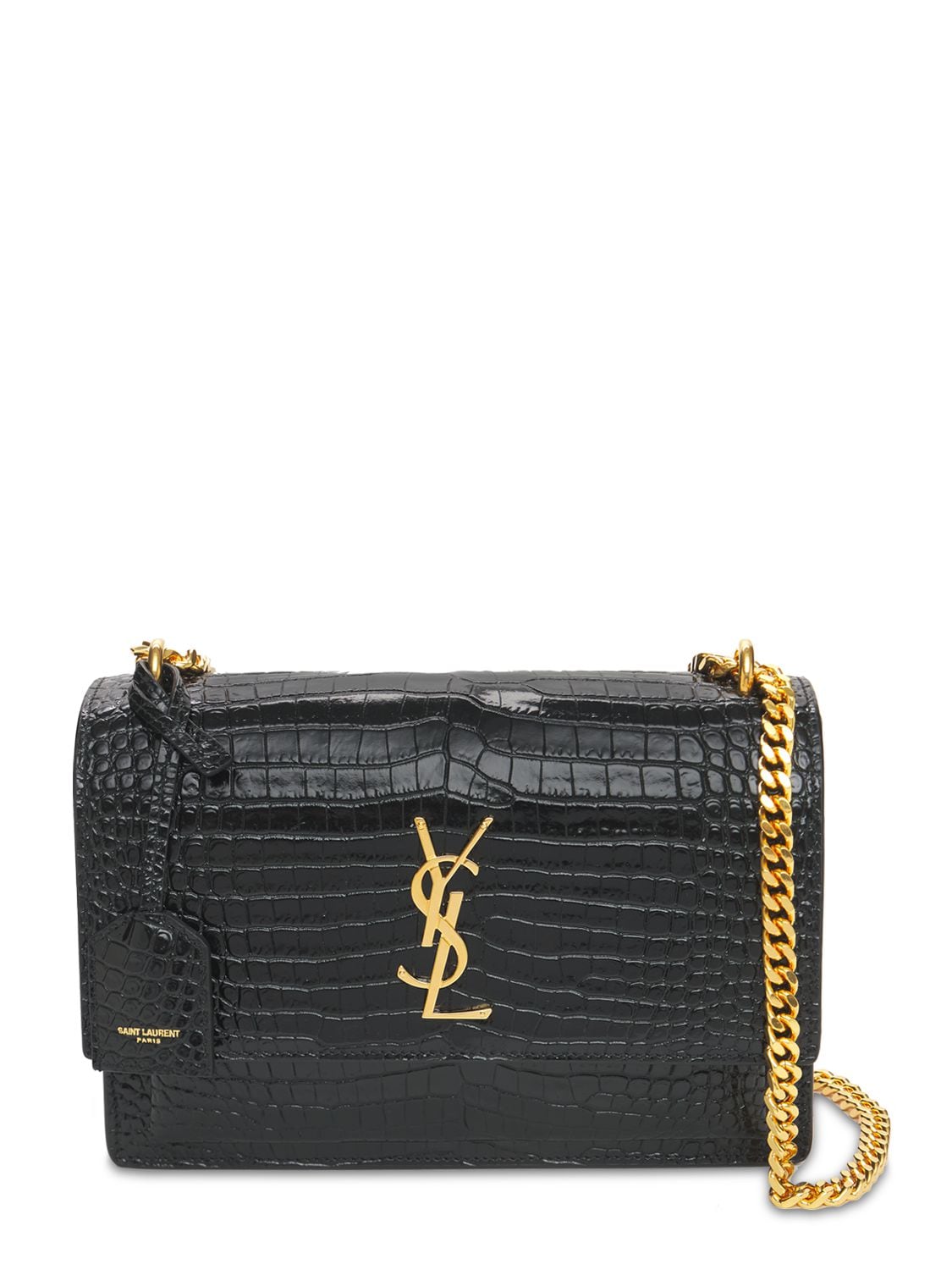 Saint Laurent Medium Sunset Bag, Black Croc Embossed, Gold Hardware