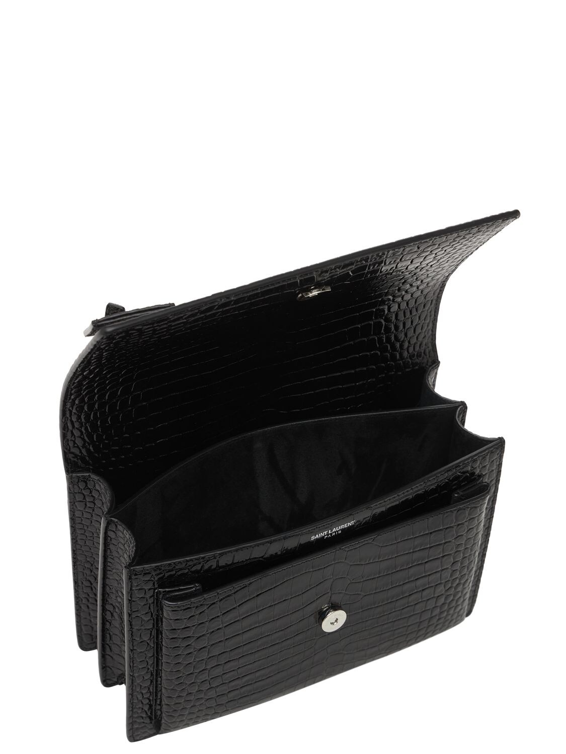 Shop Saint Laurent Medium Sunset Croc Embossed Leather Bag In Black