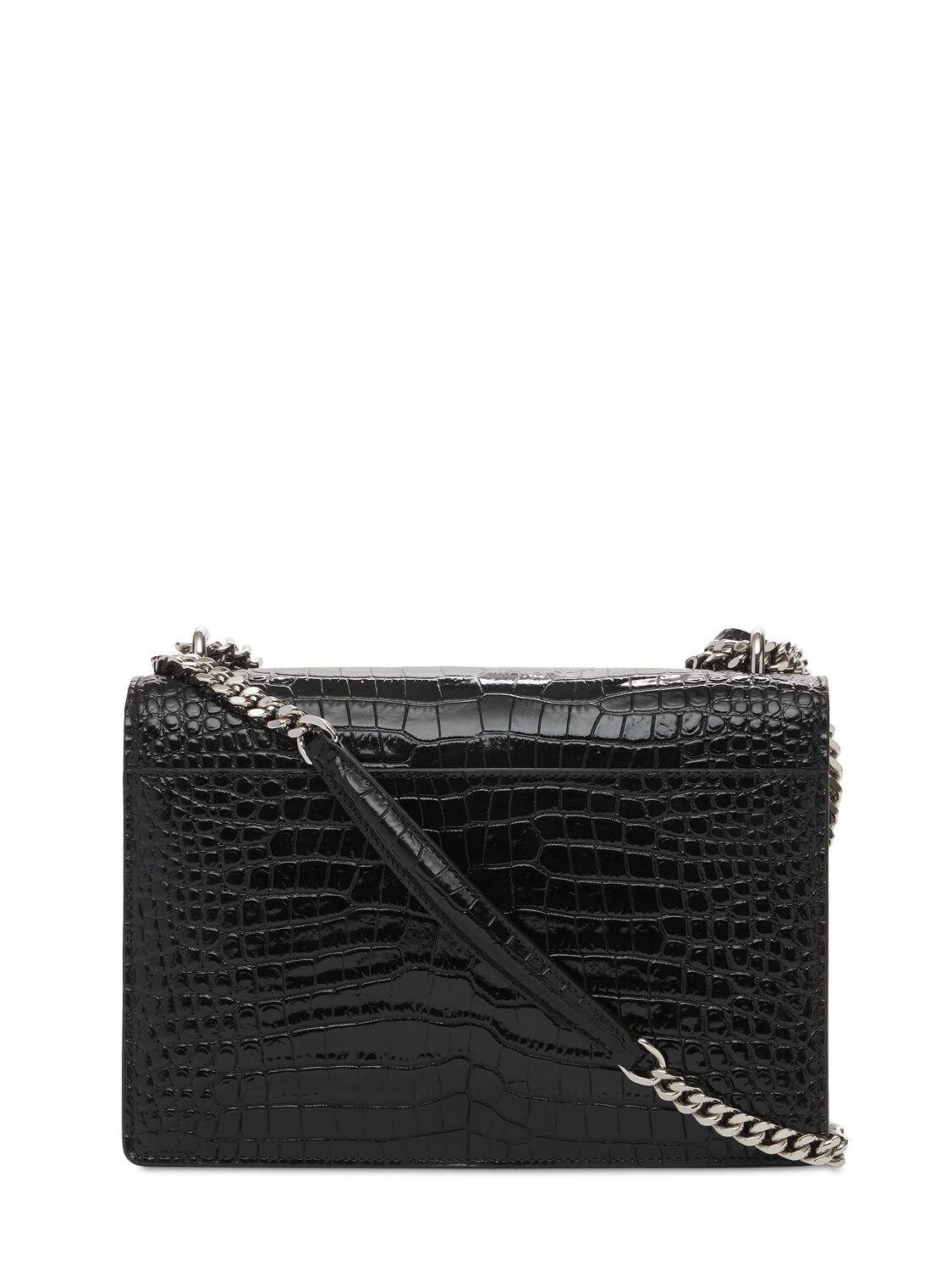 Shop Saint Laurent Medium Sunset Croc Embossed Leather Bag In Black